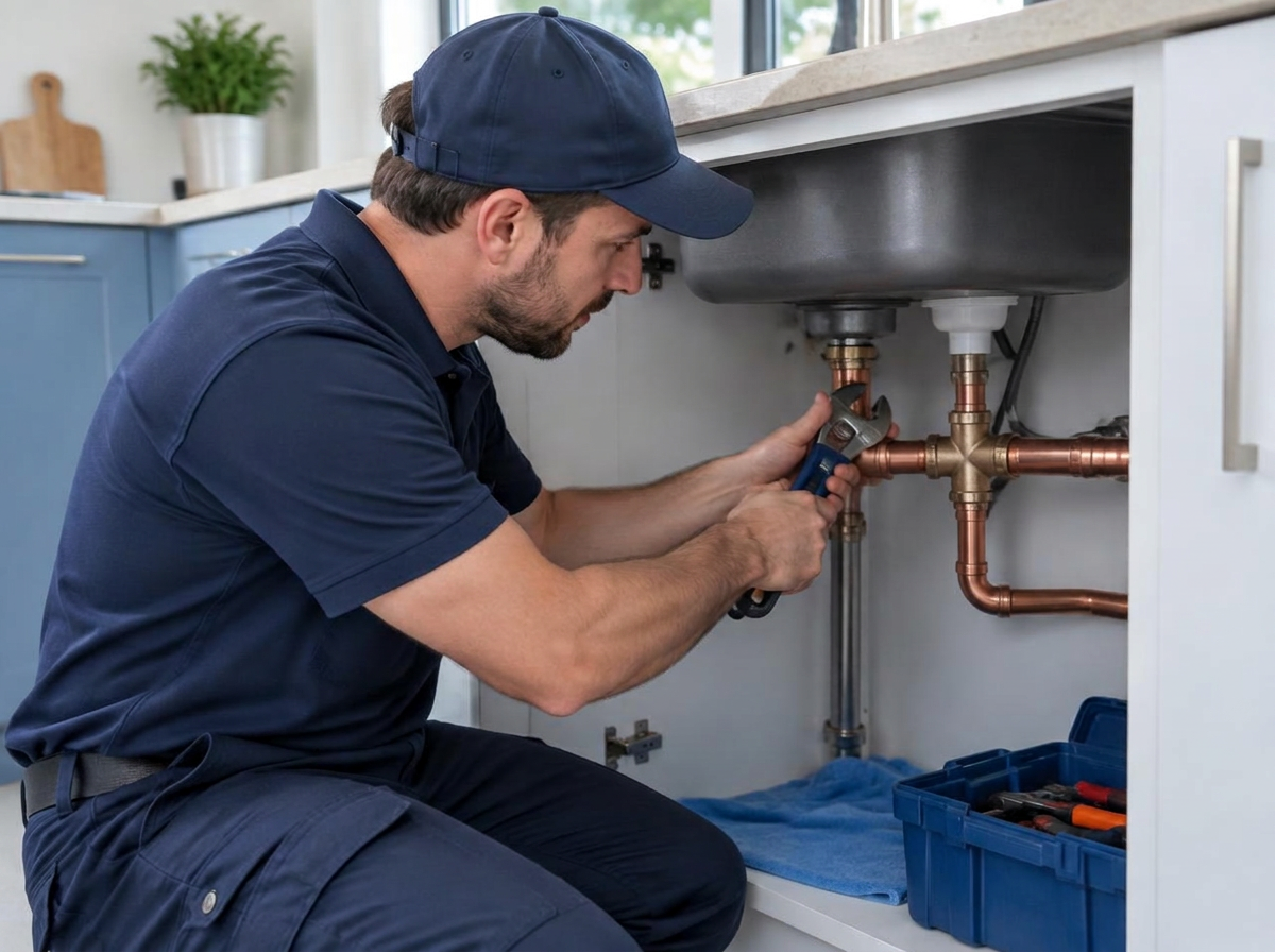 Prestige Plumbing technician repairing copper pipes under a kitchen sink in El Centro