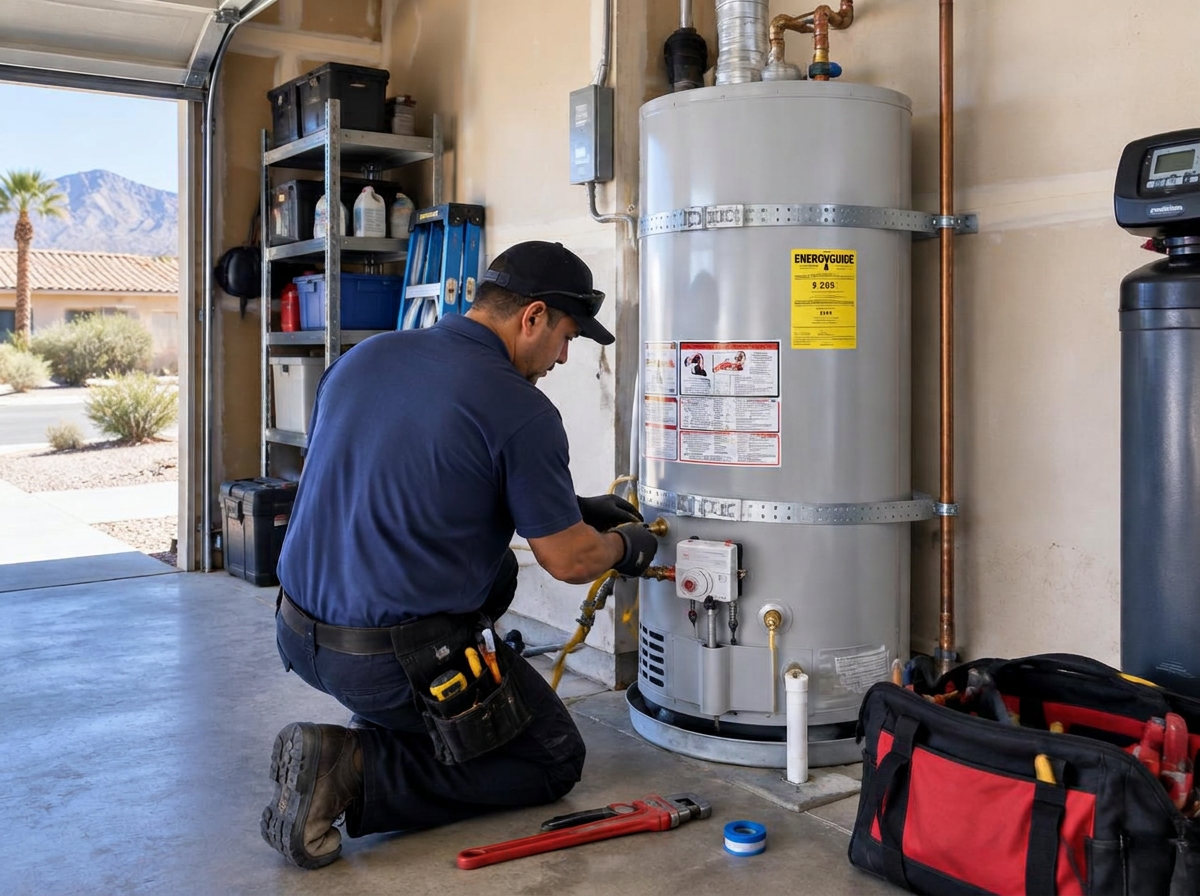 Plumber installing a water heater in an Imperial Valley garage